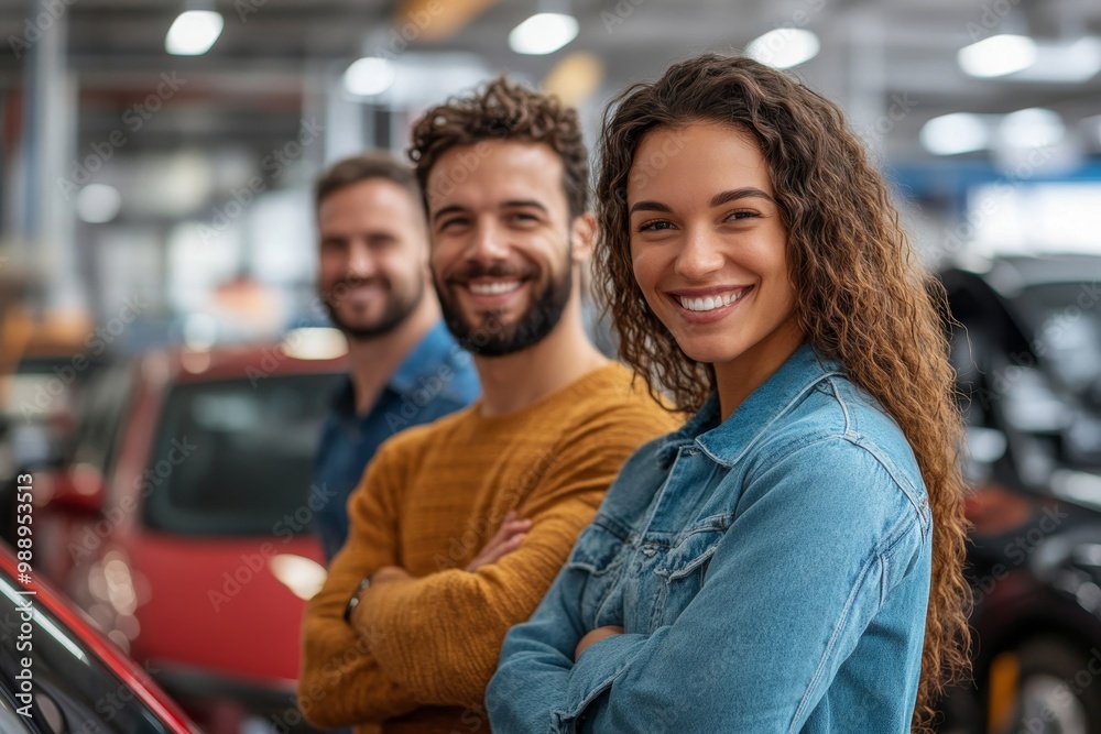 Happy multiracial couple looking at new car in showroom, Generative AI Happy multiracial couple looking at new car in showroom, Generative AI