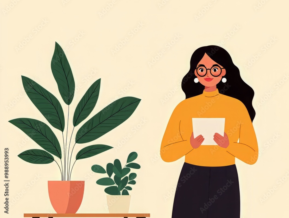 A stylish woman in glasses holds a card while standing next to vibrant houseplants, creating a cheerful and inviting atmosphere. A stylish woman in glasses holds a card while standing next to vibrant houseplants, creating a cheerful and inviting atmosphere.