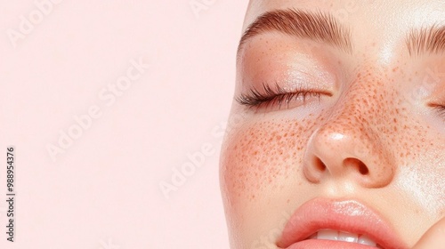 Woman s face with dark spots and uneven skin tone, close-up against a simple backdrop
