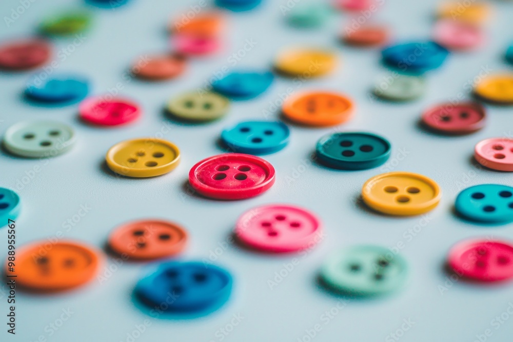 A collection of brightly colored buttons scattered across a white table, each differing slightly in size and shade, forming a playful yet minimalist texture. A collection of brightly colored buttons scattered across a white table, each differing slightly in size and shade, forming a playful yet minimalist texture.