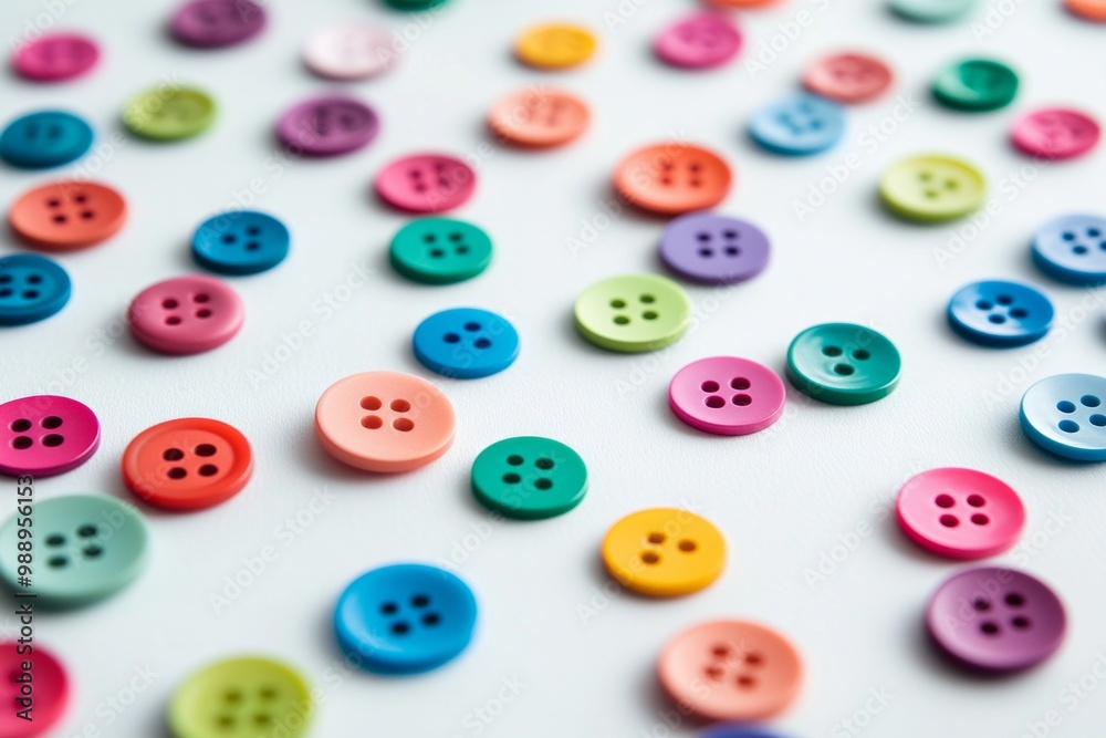 A collection of brightly colored buttons scattered across a white table, each differing slightly in size and shade, forming a playful yet minimalist texture. A collection of brightly colored buttons scattered across a white table, each differing slightly in size and shade, forming a playful yet minimalist texture.
