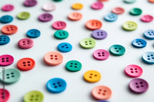 A collection of brightly colored buttons scattered across a white table, each differing slightly in size and shade, forming a playful yet minimalist texture. 