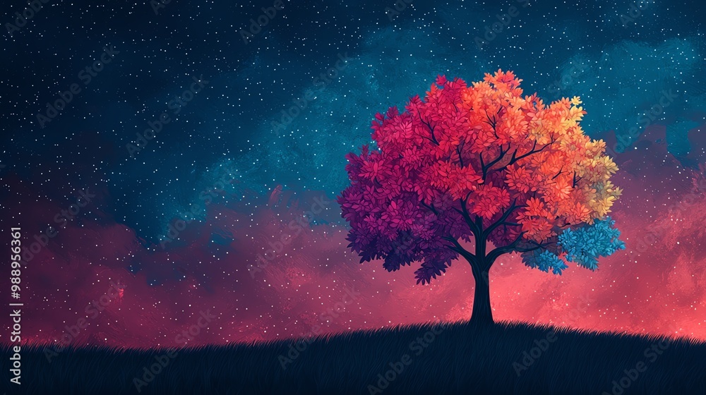 A glowing tree with multicolored leaves floating in a starry sky, symbolizing the limitless imagination A glowing tree with multicolored leaves floating in a starry sky, symbolizing the limitless imagination