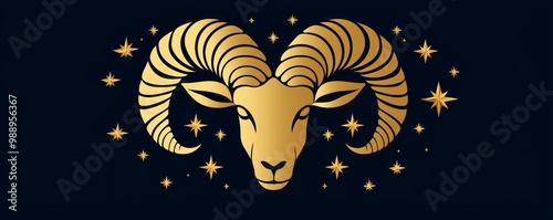 Gold Zodiac Aries Icon, A bold and powerful Aries sign, featuring a majestic golden ram surrounded by stars, perfect for astrology-themed designs. photo