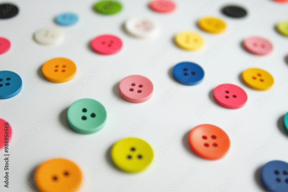 A collection of brightly colored buttons scattered across a white table, each differing slightly in size and shade, forming a playful yet minimalist texture. A collection of brightly colored buttons scattered across a white table, each differing slightly in size and shade, forming a playful yet minimalist texture.