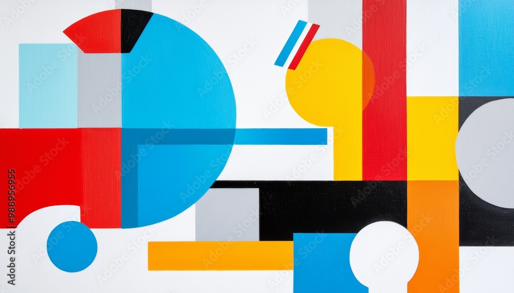 A geometric abstract painting with a bold palette of primary colors A geometric abstract painting with a bold palette of primary colors
