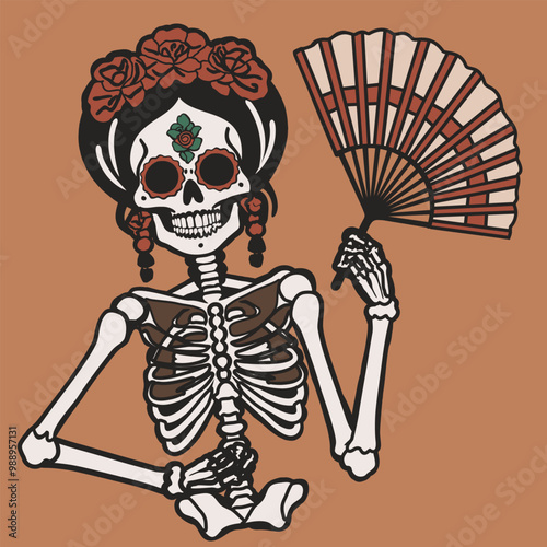 Catrina with fan. Woman sugar skull. Mexican Day of the Dead. Vector isolated illustration
