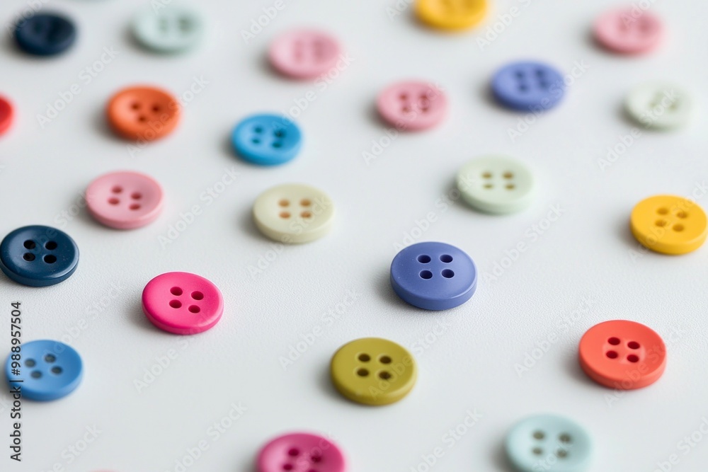 A collection of brightly colored buttons scattered across a white table, each differing slightly in size and shade, forming a playful yet minimalist texture. A collection of brightly colored buttons scattered across a white table, each differing slightly in size and shade, forming a playful yet minimalist texture.