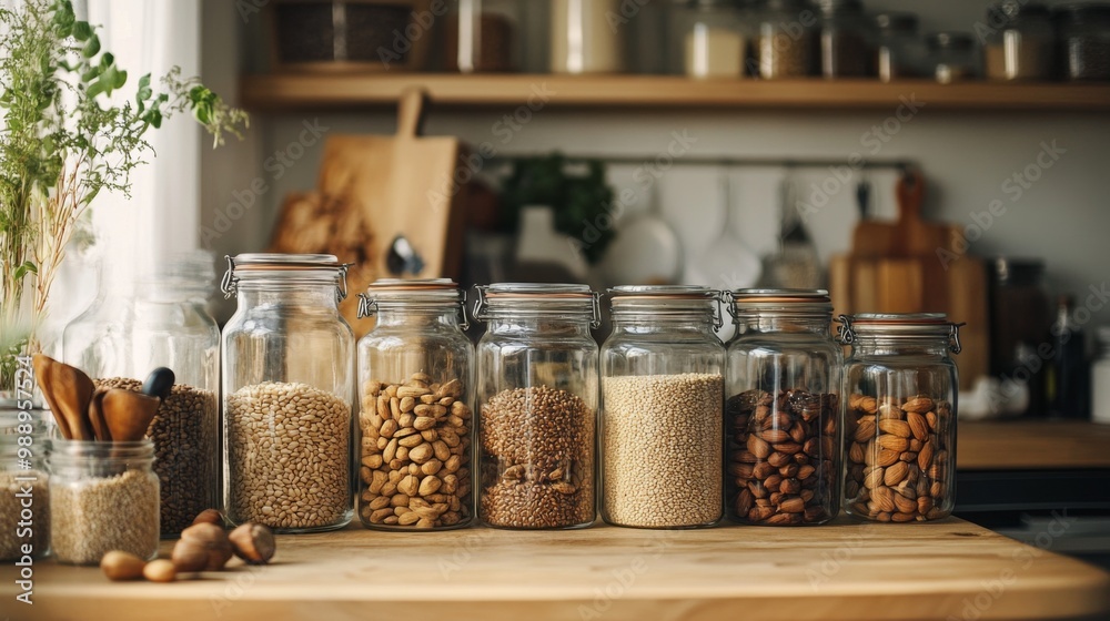 A cozy kitchen setting with jars of various nuts and grains, emphasizing the organization and accessibility of healthy ingredients for cooking. A cozy kitchen setting with jars of various nuts and grains, emphasizing the organization and accessibility of healthy ingredients for cooking.
