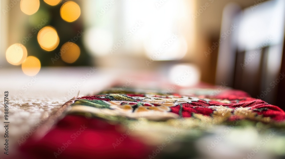 Festive Table Runner with Blurred Holiday Background Festive Table Runner with Blurred Holiday Background