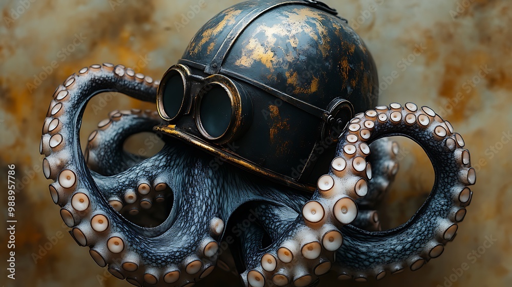 A black and white octopus tentacle wrapping around an old-fashioned diving helmet, symbolizing exploration and mystery, bold contrast between the smooth metal and textured skin of the octopus. A black and white octopus tentacle wrapping around an old-fashioned diving helmet, symbolizing exploration and mystery, bold contrast between the smooth metal and textured skin of the octopus.