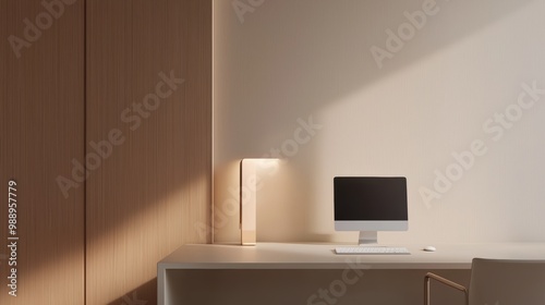 A sleek workspace with a neutral color scheme of soft whites, pale greys, and muted tans for a calm, modern aesthetic. photo