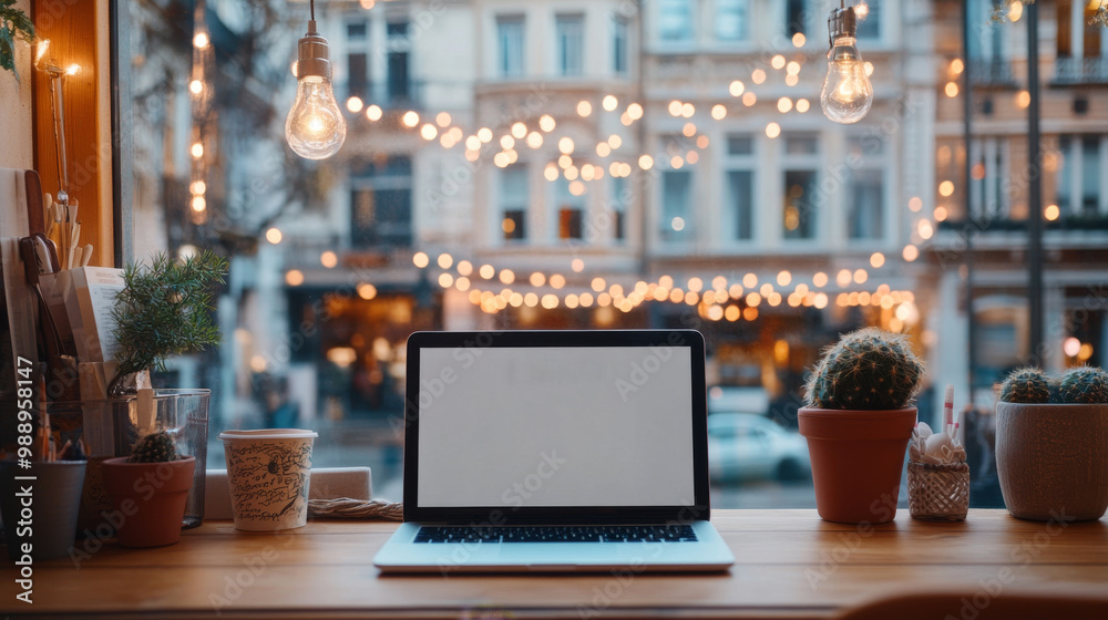 A cozy workspace featuring laptop on wooden desk, surrounded by potted cacti and coffee cup. backdrop showcases beautifully lit street with warm bokeh lights, creating serene atmosphere