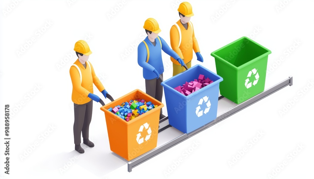 Workers on a conveyor belt sorting recyclables into colorful bins at a bustling facility Workers on a conveyor belt sorting recyclables into colorful bins at a bustling facility