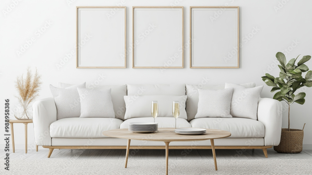 A modern living room featuring stylish white sofa adorned with plush cushions, wooden coffee table, and decorative elements like plant and framed artwork. serene atmosphere invites relaxation and comf A modern living room featuring stylish white sofa adorned with plush cushions, wooden coffee table, and decorative elements like plant and framed artwork. serene atmosphere invites relaxation and comf