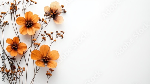 A minimalist arrangement of orange flowers and dried branches on a white background.