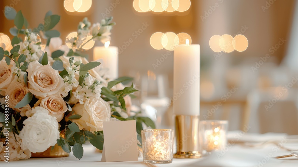 A wedding table adorned with ivory candles, champagne beige place cards, and gold-trimmed glassware for an intimate, classy setting. A wedding table adorned with ivory candles, champagne beige place cards, and gold-trimmed glassware for an intimate, classy setting.