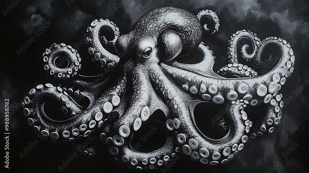 Obraz premium A black and white octopus with tentacles swirling in intricate patterns, symbolizing intelligence and fluidity, highly detailed suction cups and skin textures,