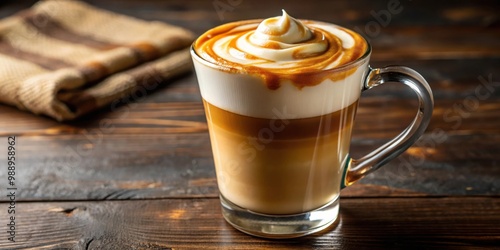 Close-up of a caramel macchiato with creamy foam, selective focus with copy space