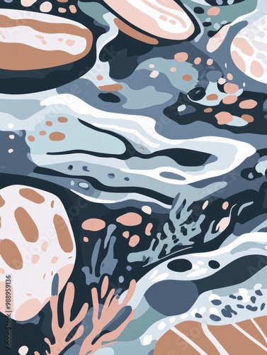 Abstract Marine Life with Rocks and Seaweed Patterns