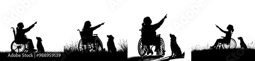 Modern silhouette of a disabled girl in a wheelchair showing her dog a finger at the sky with a happy child at her side