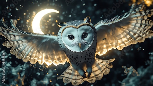 A black and white owl hovering near a crescent moon, with detailed feathers and bright glowing light from the moon, symbolizing knowledge and the mystical night, bold shading and highlights.