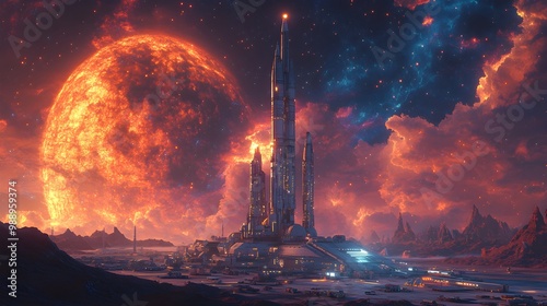 Spaceport in an alien landscape, advanced rockets ready for launch, swirling nebulae in the sky, cyberpunk, neon-infused, 3D illustration, high contrast, metallic textures