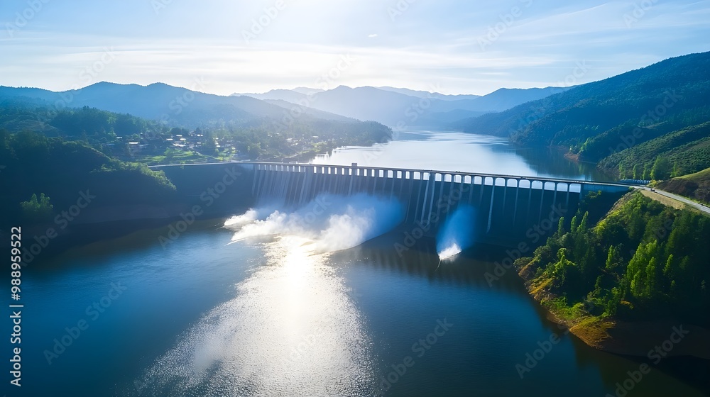 Aerial view of a massive dam holding back a river with a town below Aerial view of a massive dam holding back a river with a town below