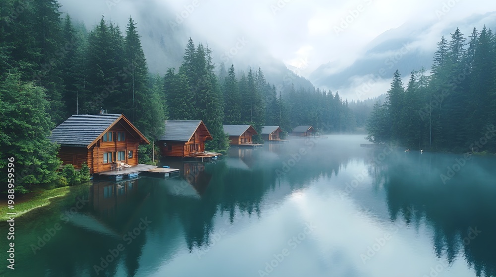 Aerial view of a crystal-clear lake reflecting the sky, surrounded by dense pine forests and scattered wooden cabins. Mist hovers over the water, creating a serene atmosphere Aerial view of a crystal-clear lake reflecting the sky, surrounded by dense pine forests and scattered wooden cabins. Mist hovers over the water, creating a serene atmosphere