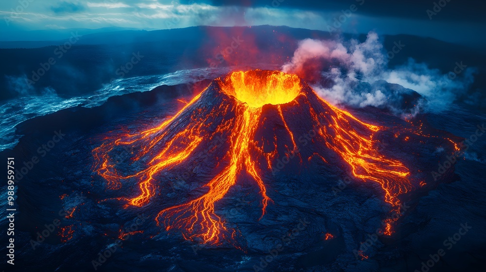 Erupting volcano captured from a bird's-eye view, molten lava lighting up the dark terrain, thick ash clouds in the atmosphere, futuristic holographic effects, neon accents, sci-fi