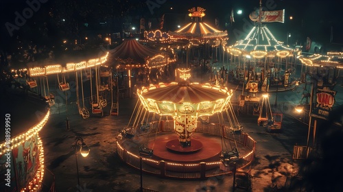 Bird's-eye view of a retro amusement park at night, with vintage carnival rides and flickering string lights. Vintage style, sepia tone, film grain texture