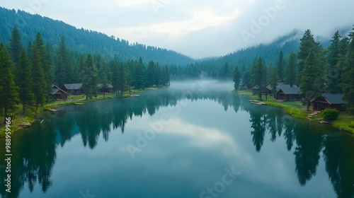 Aerial view of a crystal-clear lake reflecting the sky, surrounded by dense pine forests and scattered wooden cabins. Mist hovers over the water, creating a serene atmosphere