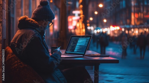 Man Working on Laptop in City at Night photo