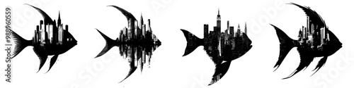 This rough drawing depicts a silhouetted Regal Angelfish floating in a destroyed dystopic future environment