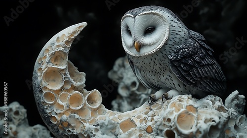 A black and white owl perched on a crescent moon, wings tucked in, detailed feathers and night sky backdrop, symbolizing wisdom and mystery, soft shading and high contrast.  --ar 16:9 --no logo