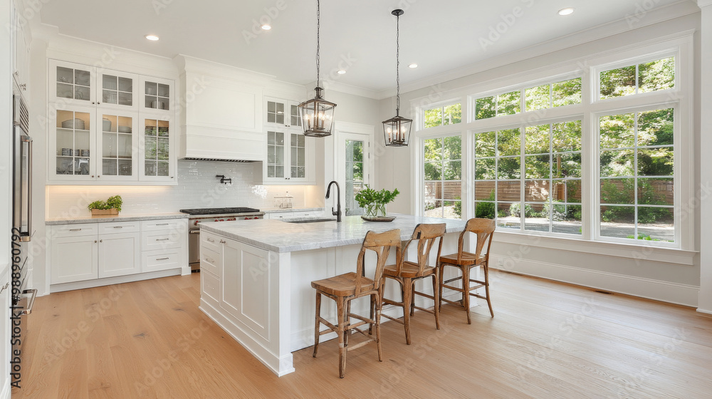 A bright and modern kitchen featuring white cabinetry, large island with seating, and ample natural light from large windows. space is inviting and perfect for gatherings A bright and modern kitchen featuring white cabinetry, large island with seating, and ample natural light from large windows. space is inviting and perfect for gatherings