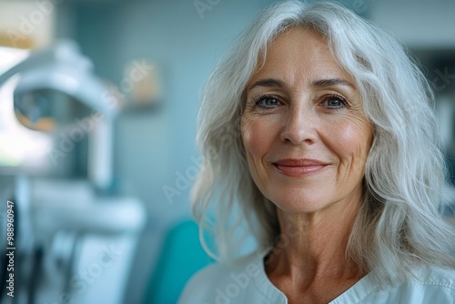 Satisfied senior woman at dentist's office looking at camera, Generative AI