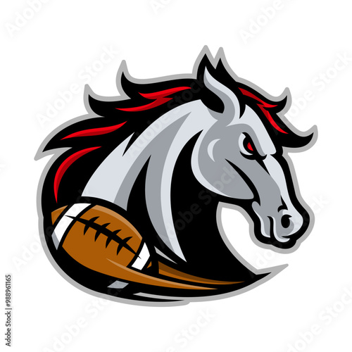 A fierce gray horse mascot head holding a football in its mane, perfect for sports branding.