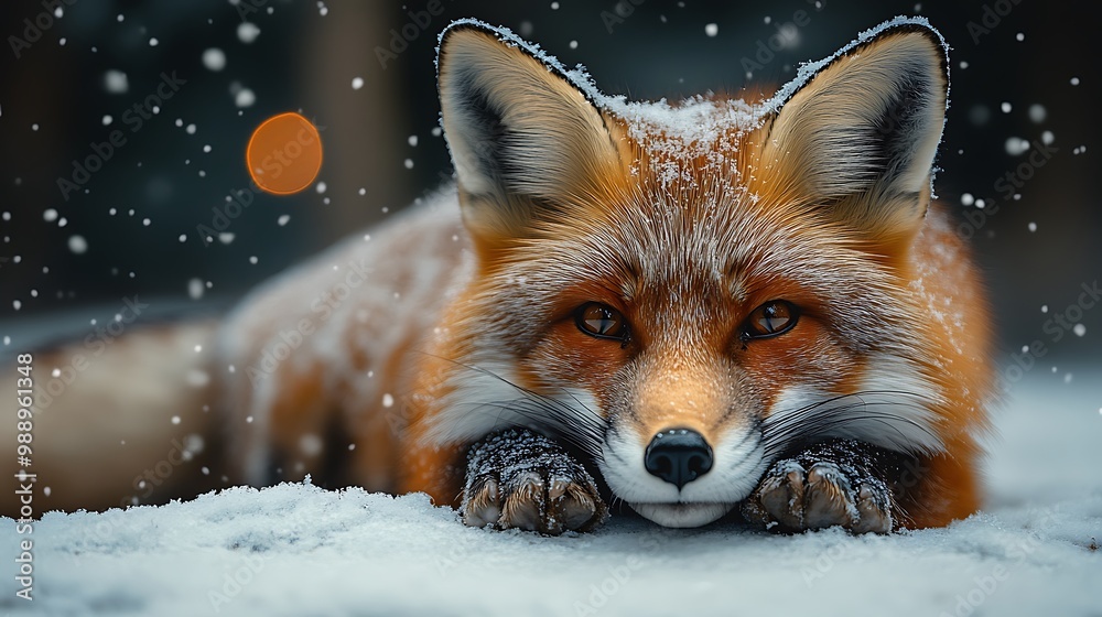A red fox lies in the snow with a calm and serene expression. A red fox lies in the snow with a calm and serene expression.
