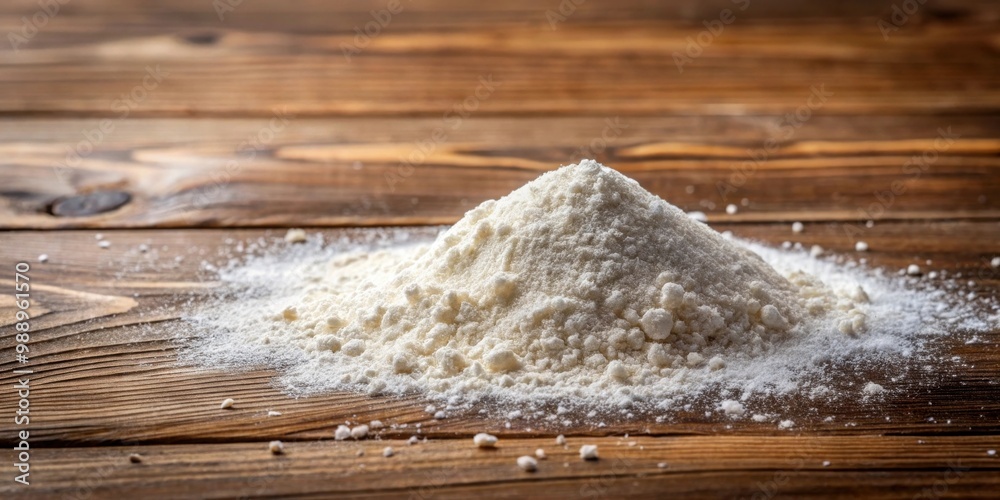 Flour powder sprinkled on wooden surface, rustic food styling for baking or cooking Flour powder sprinkled on wooden surface, rustic food styling for baking or cooking