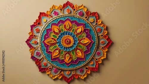 Traditional indian festival rangoli with vibrant colors and floral patterns on neutral backdrop photo