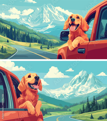 Car riding happy dog enjoying open window breeze cartoon vector concepts. Red vehicle fluffy close up pet companion, automobile road speed journey trip through highway mountain landscape illustrations