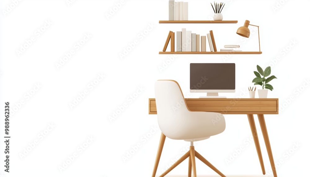 Fototapeta premium A cozy home office featuring shelves made from recycled glass and sustainable bamboo