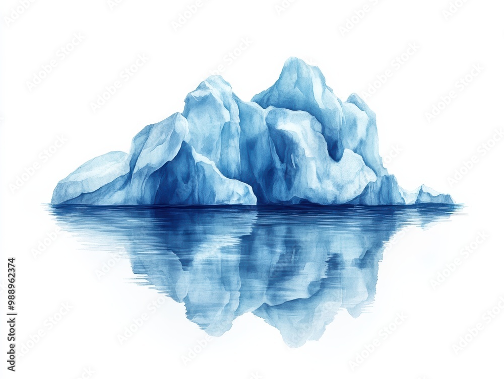 Fototapeta premium Iceberg floating in calm water, white isolated background.