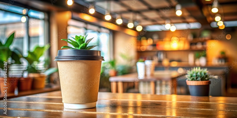Coffee to go cup with small plant on table in cozy cafe setting Coffee to go cup with small plant on table in cozy cafe setting