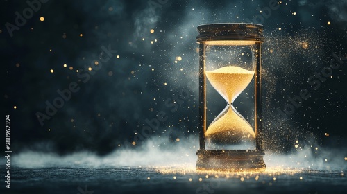 A glowing hourglass with sand particles that light up as they fall, conceptual art, time illumination photo