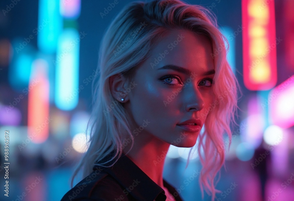 Blonde female in a profile portrait, background of cityscape at night Blonde female in a profile portrait, background of cityscape at night