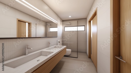 Contemporary bathroom makeover, highlighting symmetry in fixtures, mirrors, and tiles for a clean and balanced design.