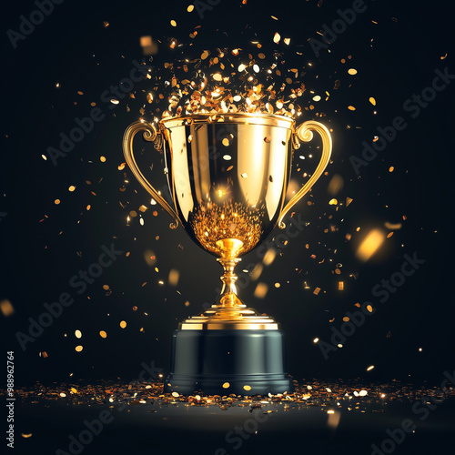 A gold cup with a black base is filled with gold confetti. The cup is placed on a black surface, and the confetti is falling around it. Concept of celebration and achievement