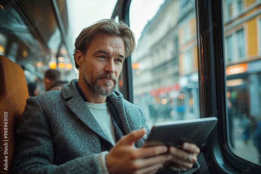 Male commuter surfing the net on touchpad while riding in a bus, Generative AI Male commuter surfing the net on touchpad while riding in a bus, Generative AI